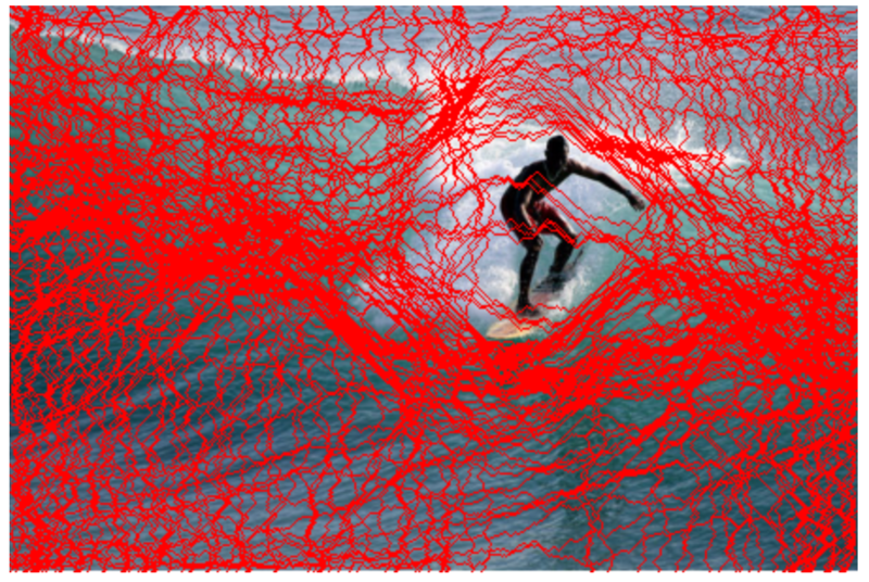 Screenshot of seamcarving: surfer with red seams around him.