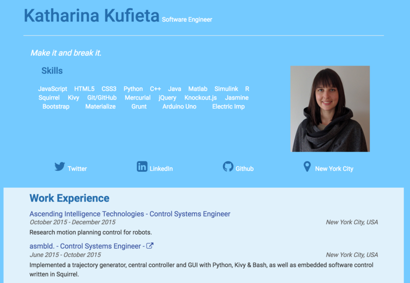 Screenshot of online resume.
