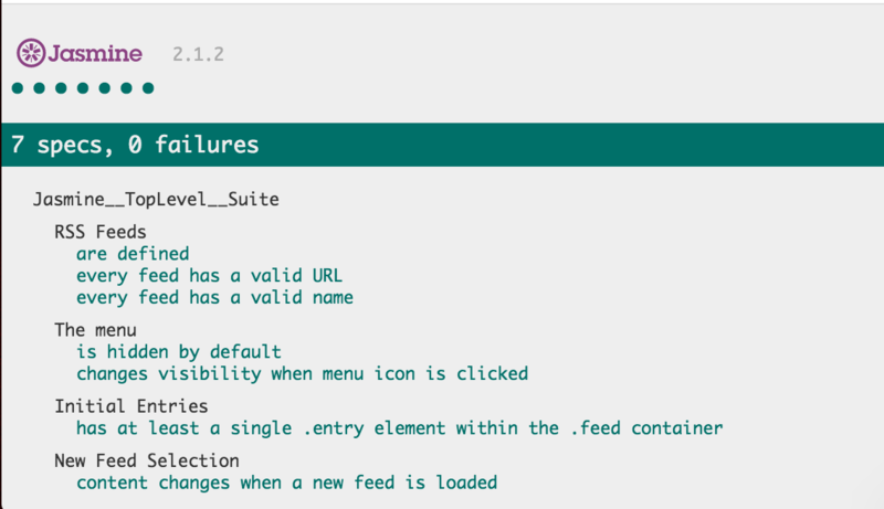 Screenshot of Jasmine test results.
